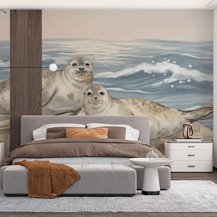 Serene Watercolor Seals & Sunset Coastal Mural