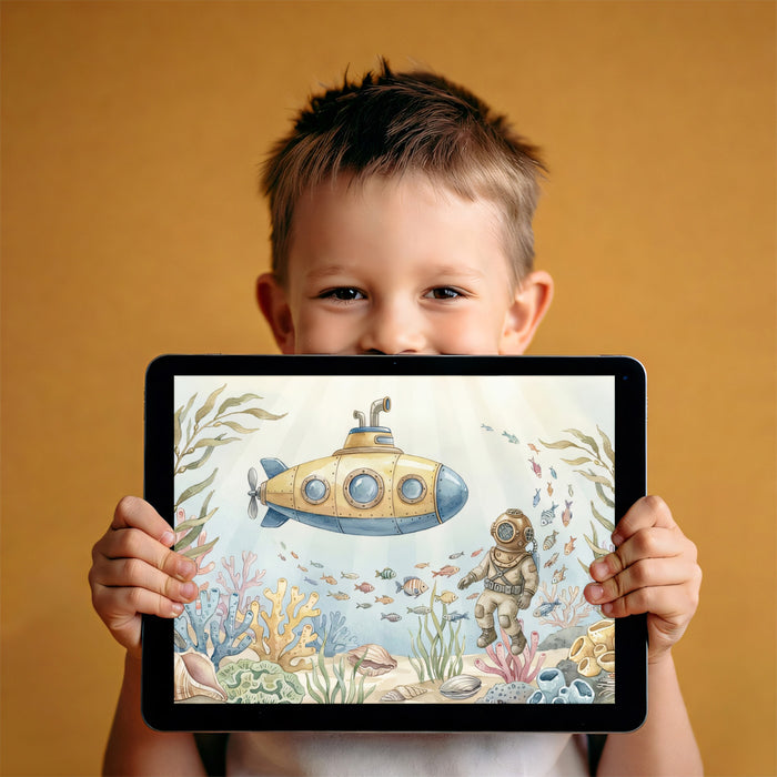 Watercolor Yellow Submarine & Deep Sea Diver Mural