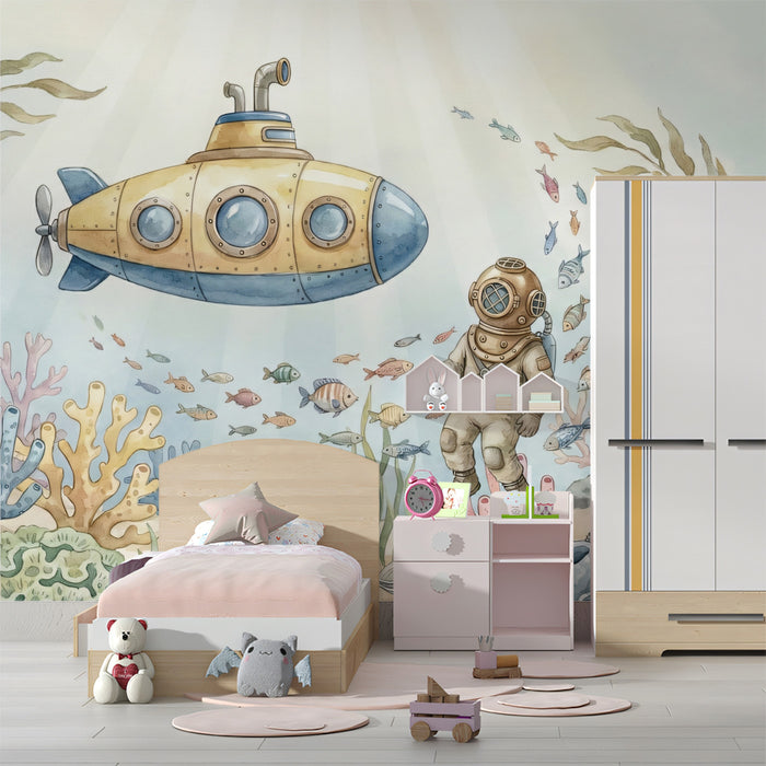 Watercolor Yellow Submarine & Deep Sea Diver Mural