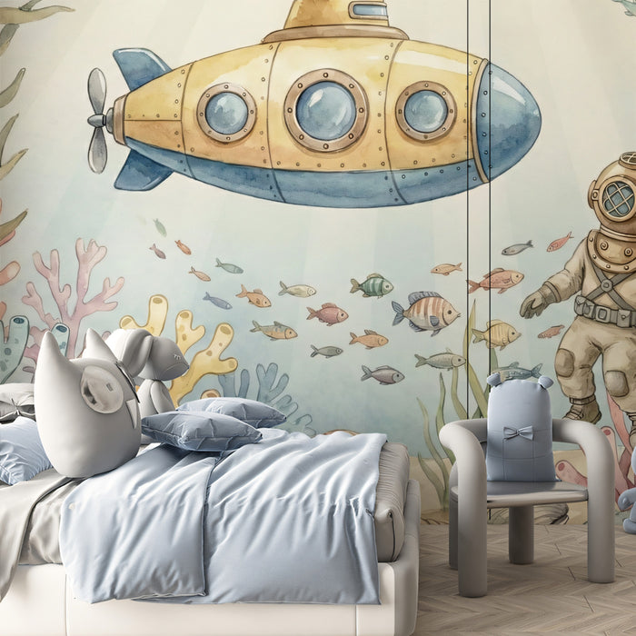 Watercolor Yellow Submarine & Deep Sea Diver Mural