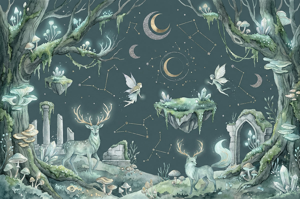 Enchanted Night Forest with Fairies & Deer Mural
