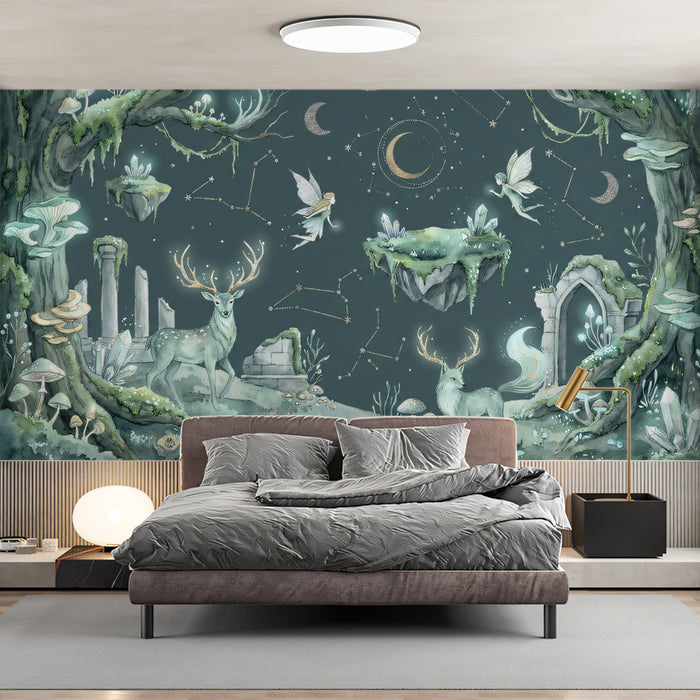 Enchanted Night Forest with Fairies & Deer Mural
