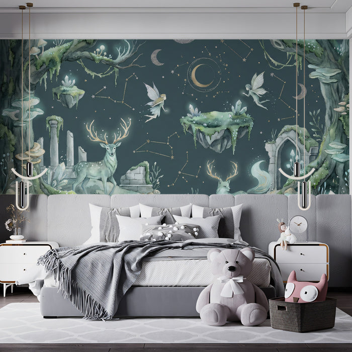 Enchanted Night Forest with Fairies & Deer Mural