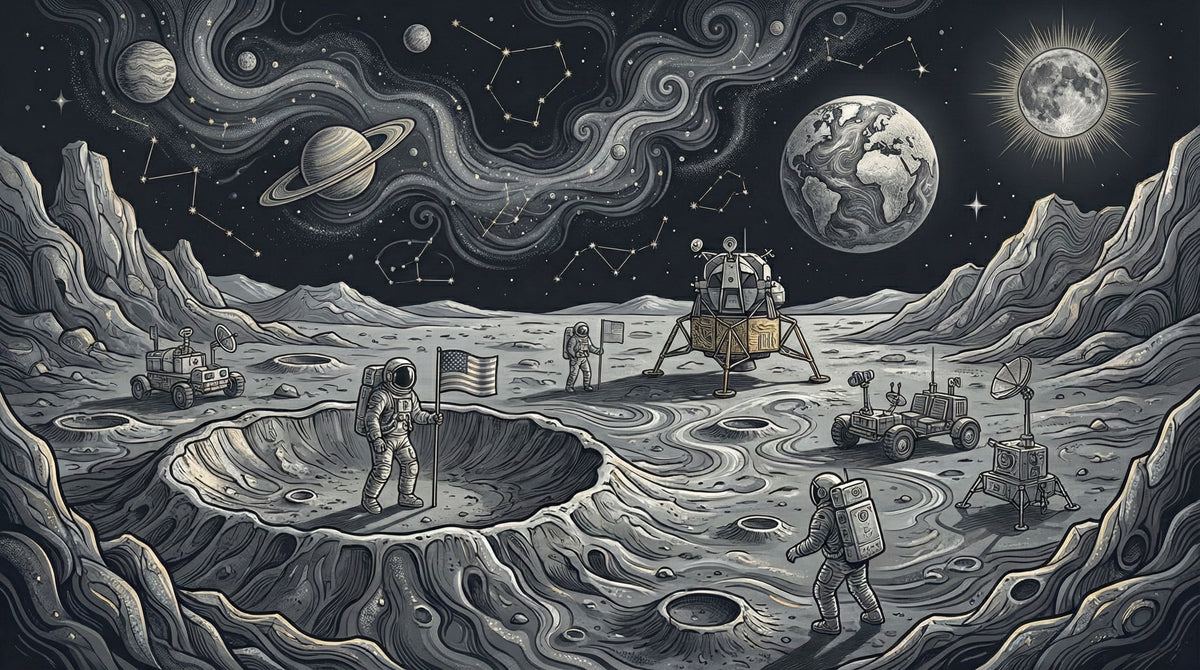 Vintage Sketch Moon Landing & Astronauts Mural