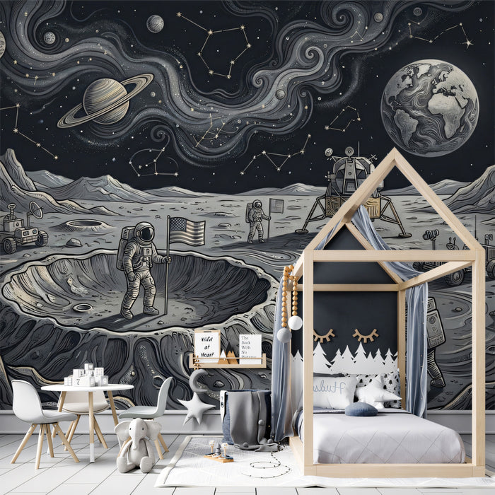 Vintage Sketch Moon Landing & Astronauts Mural