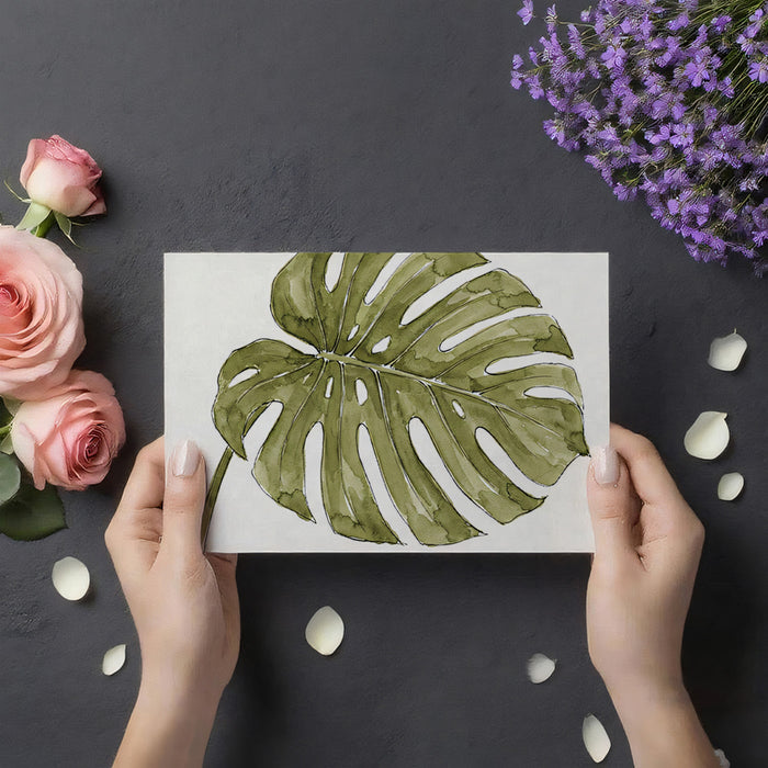 Minimalist Monstera Leaf Wallpaper, Watercolor Botanical Wall Mural, Sage Green Japandi Nature Decor for Bedroom