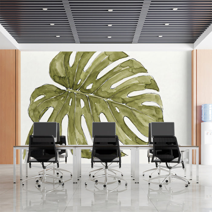 Minimalist Monstera Leaf Wallpaper, Watercolor Botanical Wall Mural, Sage Green Japandi Nature Decor for Bedroom