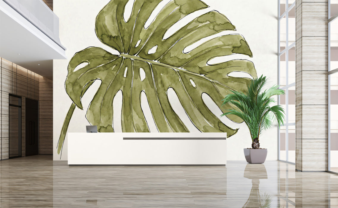 Minimalist Monstera Leaf Wallpaper, Watercolor Botanical Wall Mural, Sage Green Japandi Nature Decor for Bedroom