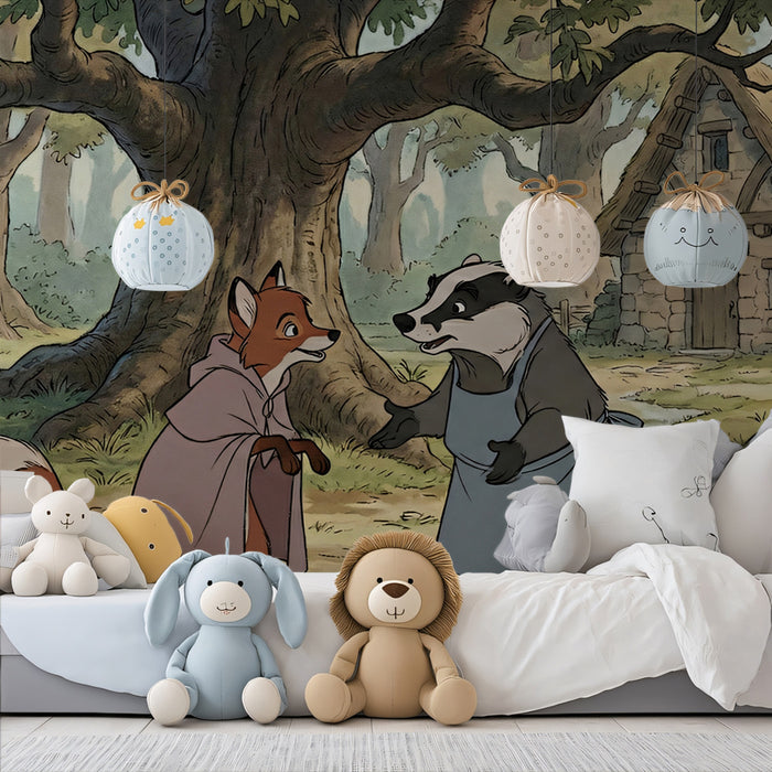 Storybook Woodland Animal Wallpaper, Fox and Badger Forest Wall Mural, Whimsical Nursery Decor for Kids Room