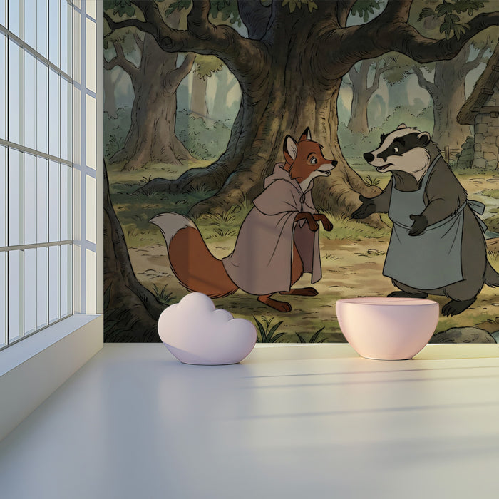 Storybook Woodland Animal Wallpaper, Fox and Badger Forest Wall Mural, Whimsical Nursery Decor for Kids Room