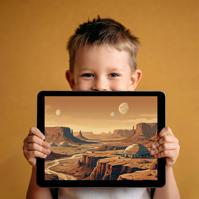 Mars Landscape Wall Mural, Sci-Fi Space Colony Wallpaper, Futuristic Red Planet Canyon Panorama for Gaming Room