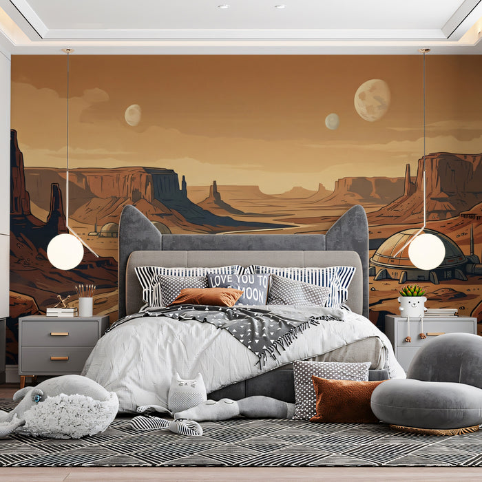 Mars Landscape Wall Mural, Sci-Fi Space Colony Wallpaper, Futuristic Red Planet Canyon Panorama for Gaming Room