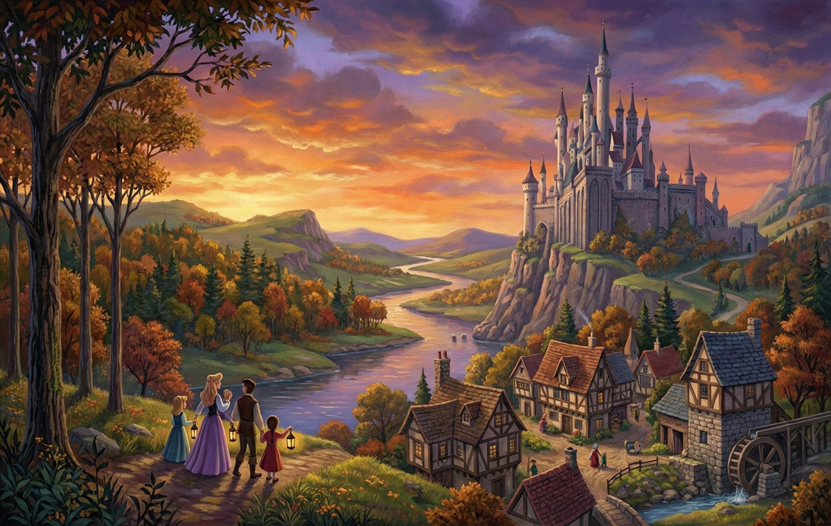 Fairytale Castle Sunset Wallpaper, Fantasy Kingdom Wall Mural, Magical Storybook Landscape for Girls Bedroom