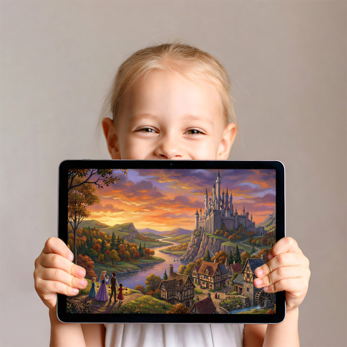 Fairytale Castle Sunset Wallpaper, Fantasy Kingdom Wall Mural, Magical Storybook Landscape for Girls Bedroom