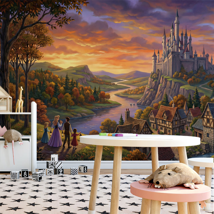 Fairytale Castle Sunset Wallpaper, Fantasy Kingdom Wall Mural, Magical Storybook Landscape for Girls Bedroom