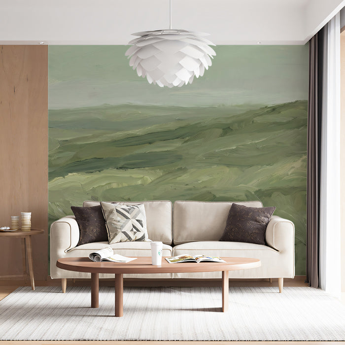 Abstract Painterly Green Landscape Wallpaper, Artistic Nature Wall Mural, Minimalist Field Texture for Modern Interior