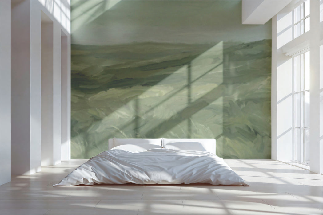 Abstract Painterly Green Landscape Wallpaper, Artistic Nature Wall Mural, Minimalist Field Texture for Modern Interior