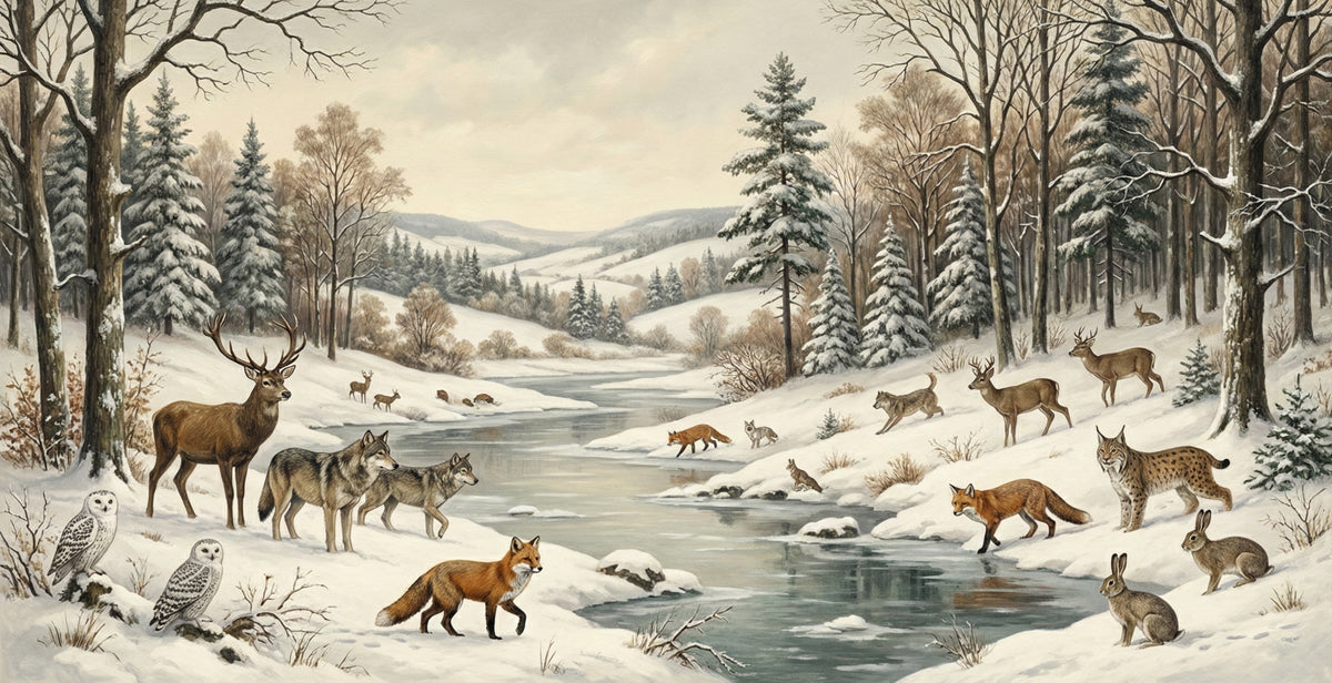 Winter Wildlife Forest Wallpaper, Snowy Nature Wall Mural, Deer and Fox Panorama for Rustic Cabin Decor