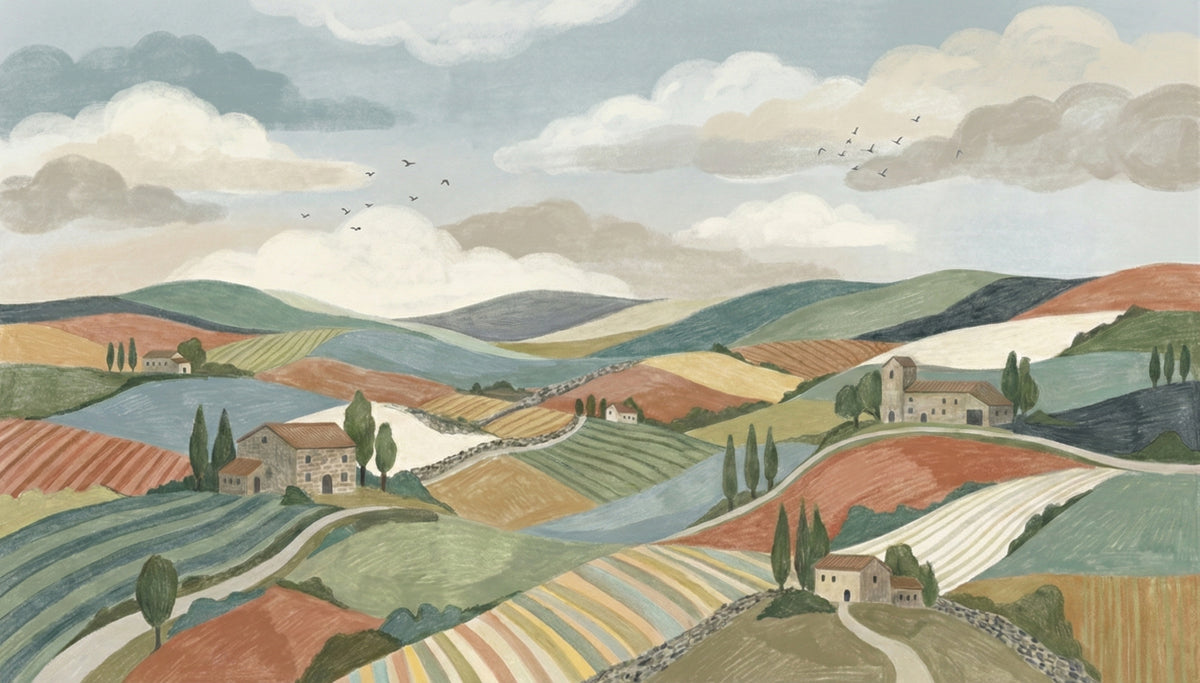 Tuscan Countryside Wallpaper, Rolling Hills Landscape Wall Mural, Mediterranean Farm Panorama for Living Room