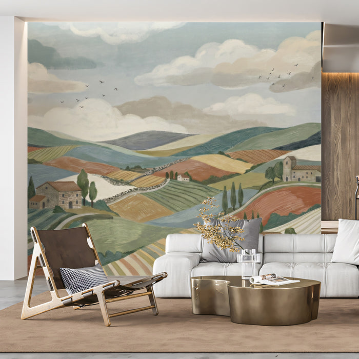 Tuscan Countryside Wallpaper, Rolling Hills Landscape Wall Mural, Mediterranean Farm Panorama for Living Room