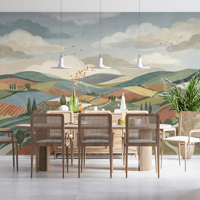 Tuscan Countryside Wallpaper, Rolling Hills Landscape Wall Mural, Mediterranean Farm Panorama for Living Room
