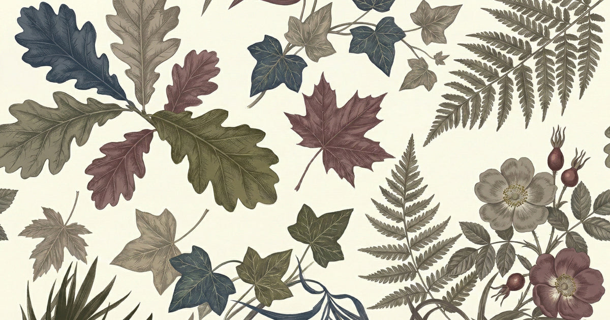 Vintage Botanical Wallpaper, Autumn Leaves and Fern Wall Mural, Classic Nature Illustration for Bedroom