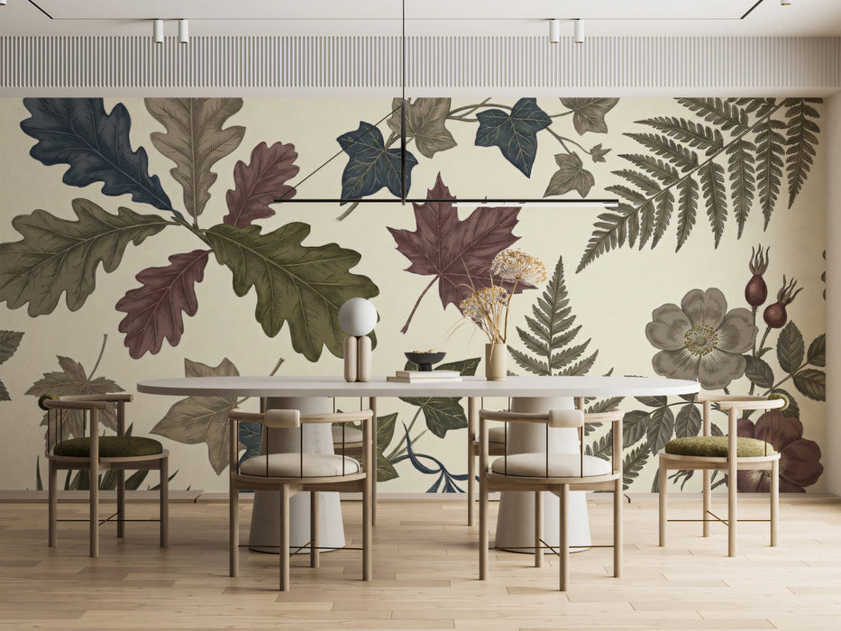 Vintage Botanical Wallpaper, Autumn Leaves and Fern Wall Mural, Classic Nature Illustration for Bedroom