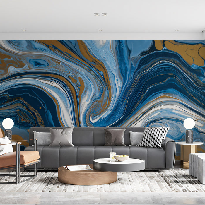 Blue Marble Fluid Wallpaper, Abstract Ocean Wave Wall Mural, Luxury Swirl Texture with Gold Accents