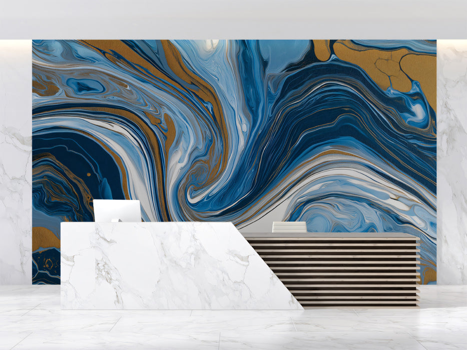 Blue Marble Fluid Wallpaper, Abstract Ocean Wave Wall Mural, Luxury Swirl Texture with Gold Accents