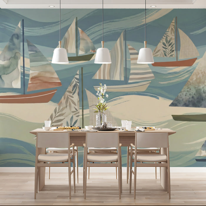 Watercolor Sailboat Wallpaper, Nautical Pattern Wall Mural, Coastal Ocean Design for Nursery and Kids Room