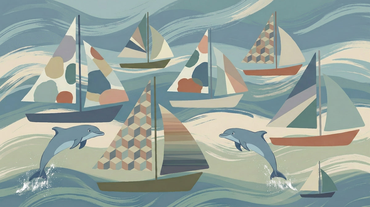 Nautical Dolphin Wallpaper, Sailboat Ocean Pattern Wall Mural, Coastal Kids Room Sea Theme Decor