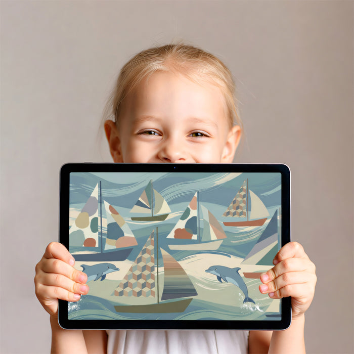 Nautical Dolphin Wallpaper, Sailboat Ocean Pattern Wall Mural, Coastal Kids Room Sea Theme Decor