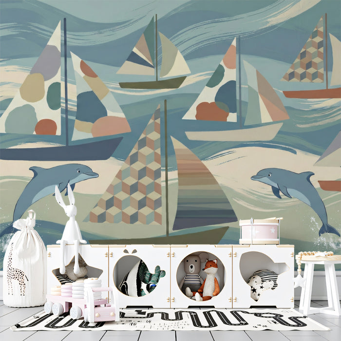 Nautical Dolphin Wallpaper, Sailboat Ocean Pattern Wall Mural, Coastal Kids Room Sea Theme Decor