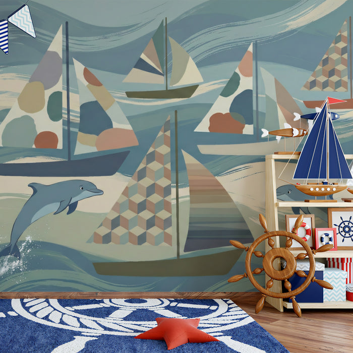 Nautical Dolphin Wallpaper, Sailboat Ocean Pattern Wall Mural, Coastal Kids Room Sea Theme Decor