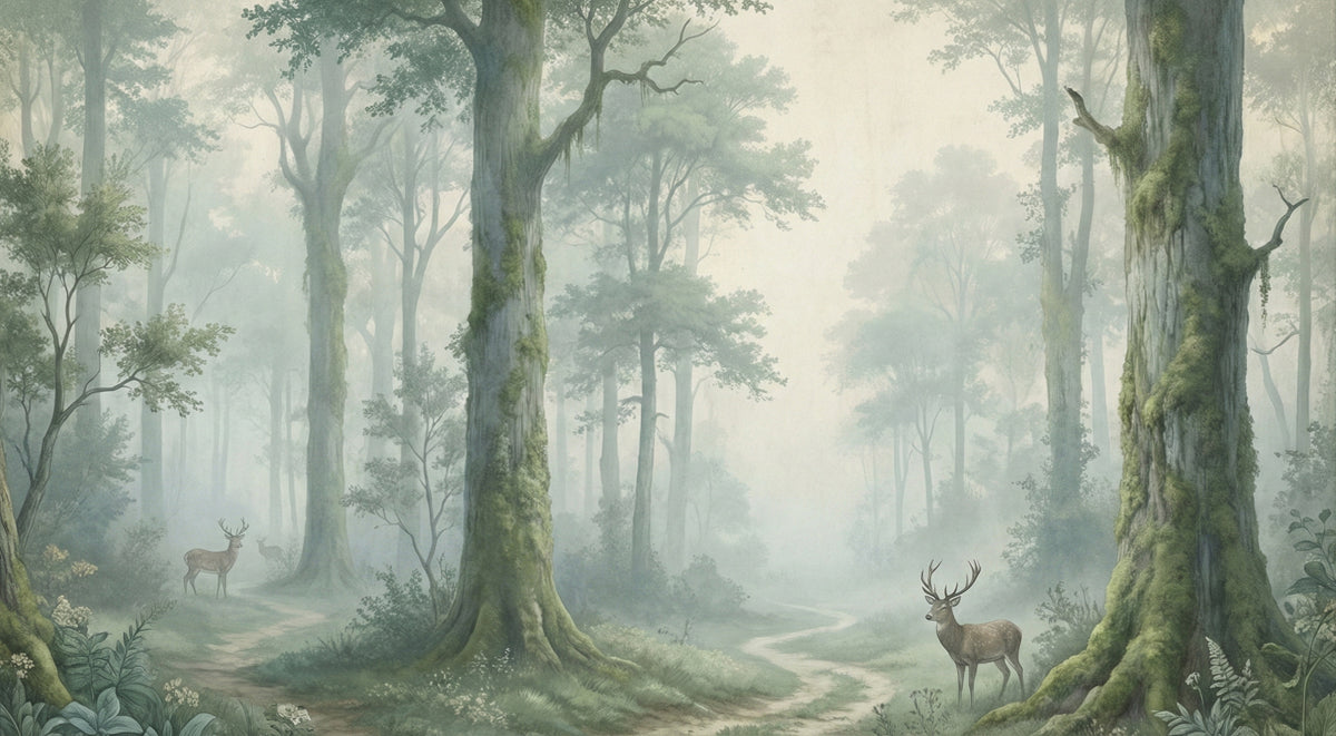 Misty Forest Deer Wallpaper, Enchanted Woodland Wall Mural, Foggy Nature Landscape for Healing Sanctuary