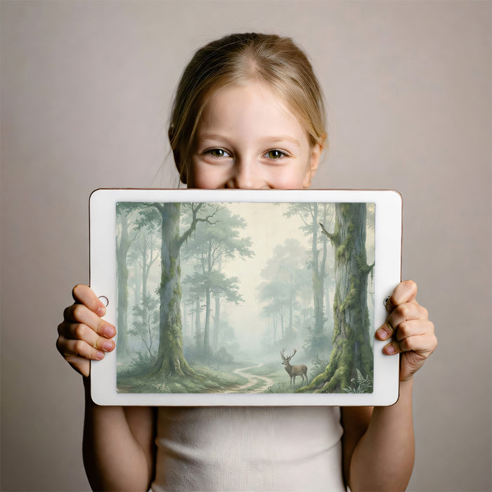 Misty Forest Deer Wallpaper, Enchanted Woodland Wall Mural, Foggy Nature Landscape for Healing Sanctuary