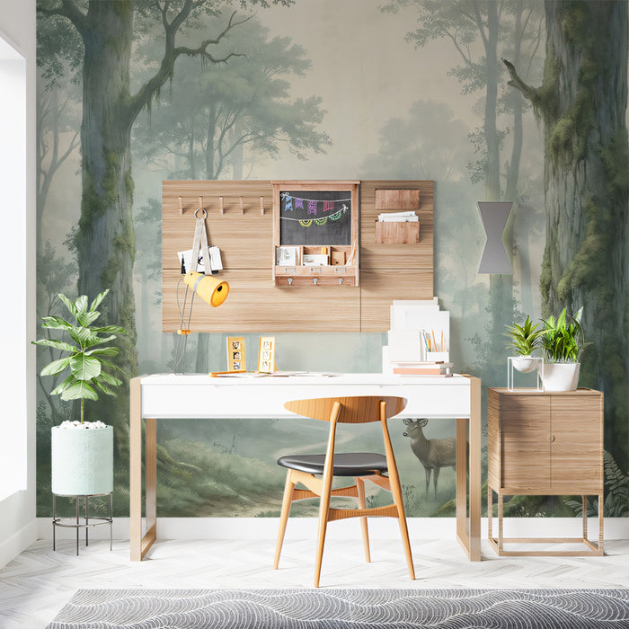 Misty Forest Deer Wallpaper, Enchanted Woodland Wall Mural, Foggy Nature Landscape for Healing Sanctuary