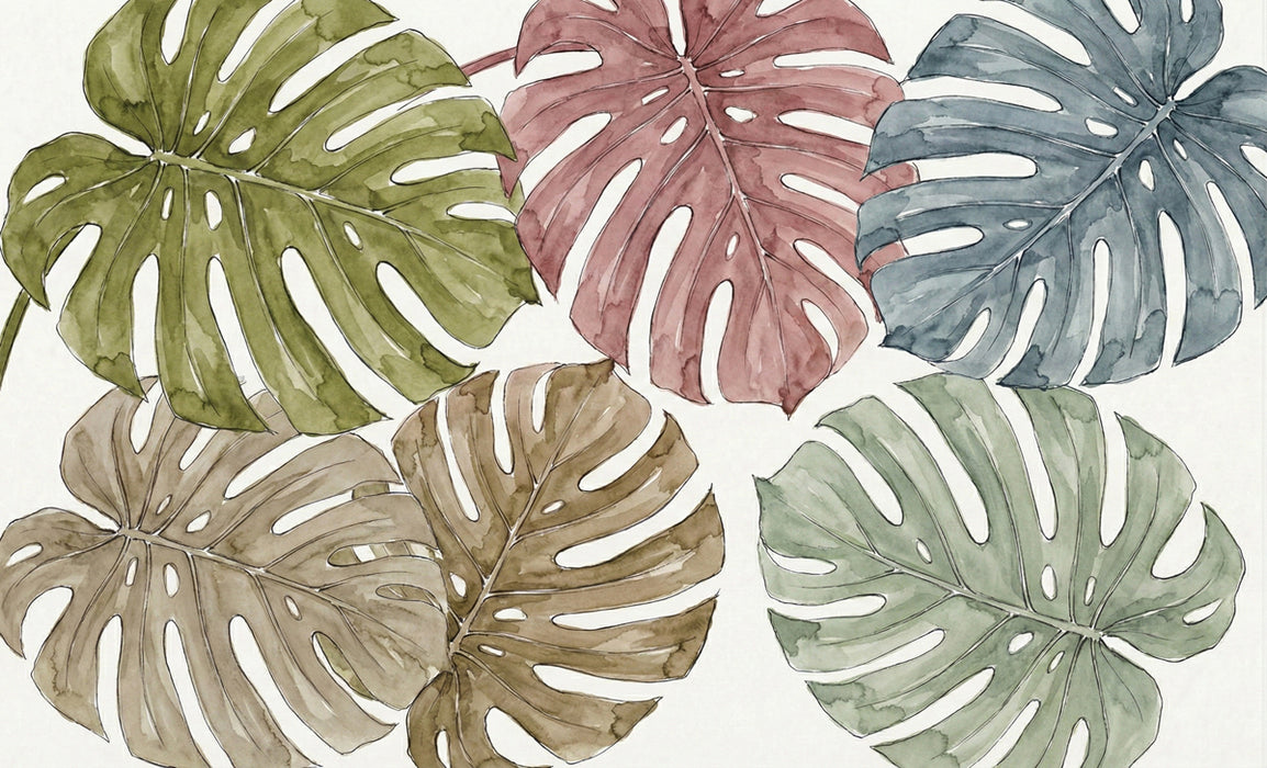 Watercolor Monstera Leaf Wallpaper, Tropical Botanical Pattern Wall Mural, Earthy Boho Nature Decor