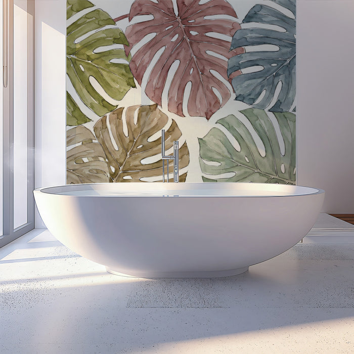 Watercolor Monstera Leaf Wallpaper, Tropical Botanical Pattern Wall Mural, Earthy Boho Nature Decor