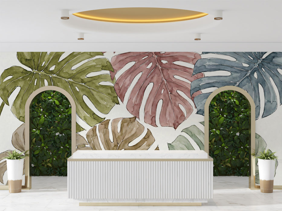 Watercolor Monstera Leaf Wallpaper, Tropical Botanical Pattern Wall Mural, Earthy Boho Nature Decor