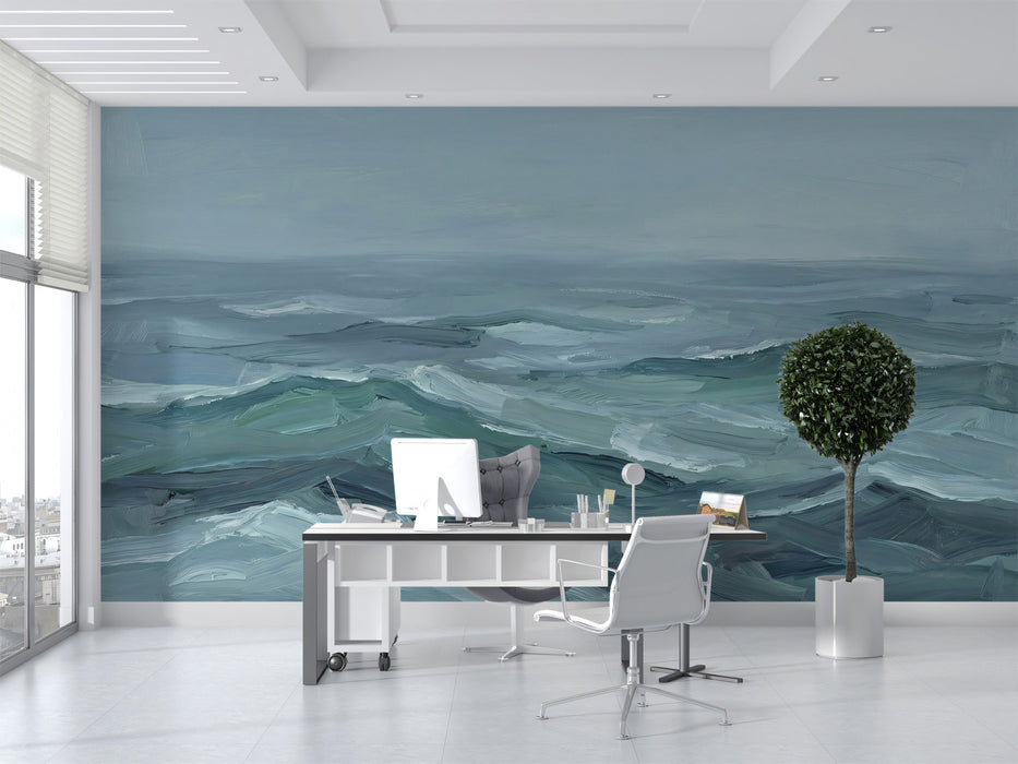 Oil Painting Ocean Wallpaper, Textured Sea Wave Wall Mural, Moody Moody Coastal Art Decor