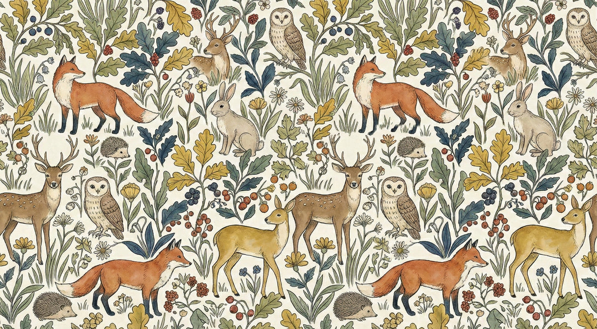 Woodland Animal Wallpaper, Forest Fox and Deer Pattern Wall Mural, Cute Nature Kids Decor