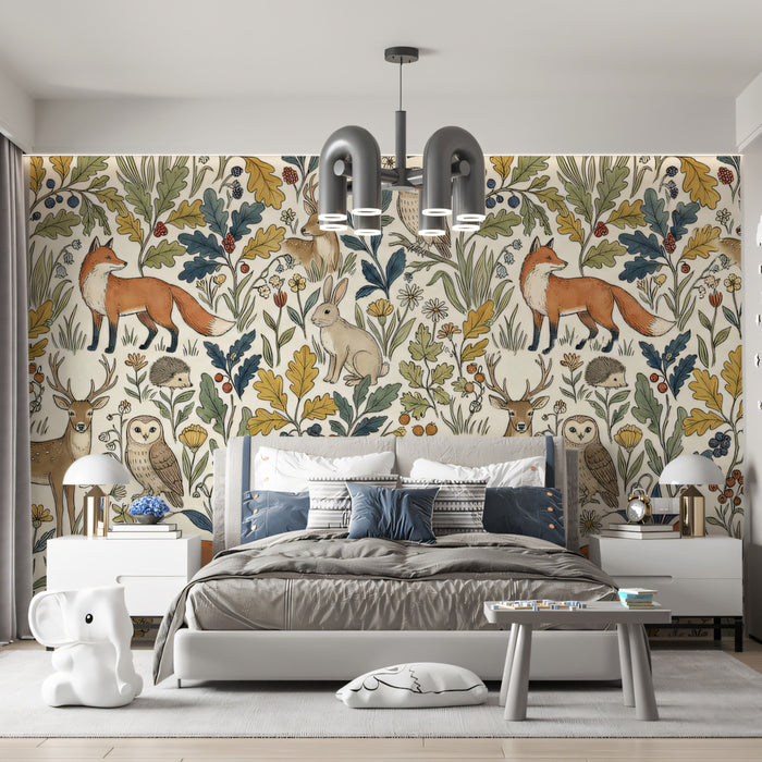 Woodland Animal Wallpaper, Forest Fox and Deer Pattern Wall Mural, Cute Nature Kids Decor