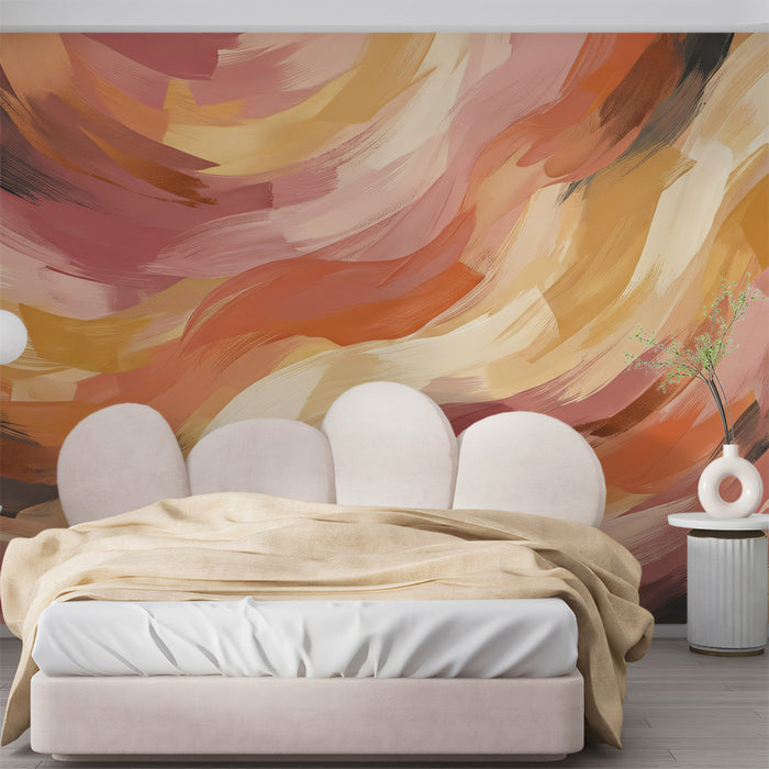 Warm Terracotta Abstract Brushstroke Wallpaper, Artisan Fluid Paint Wall Mural, Luxury Earthy Tone Decor for bedroom