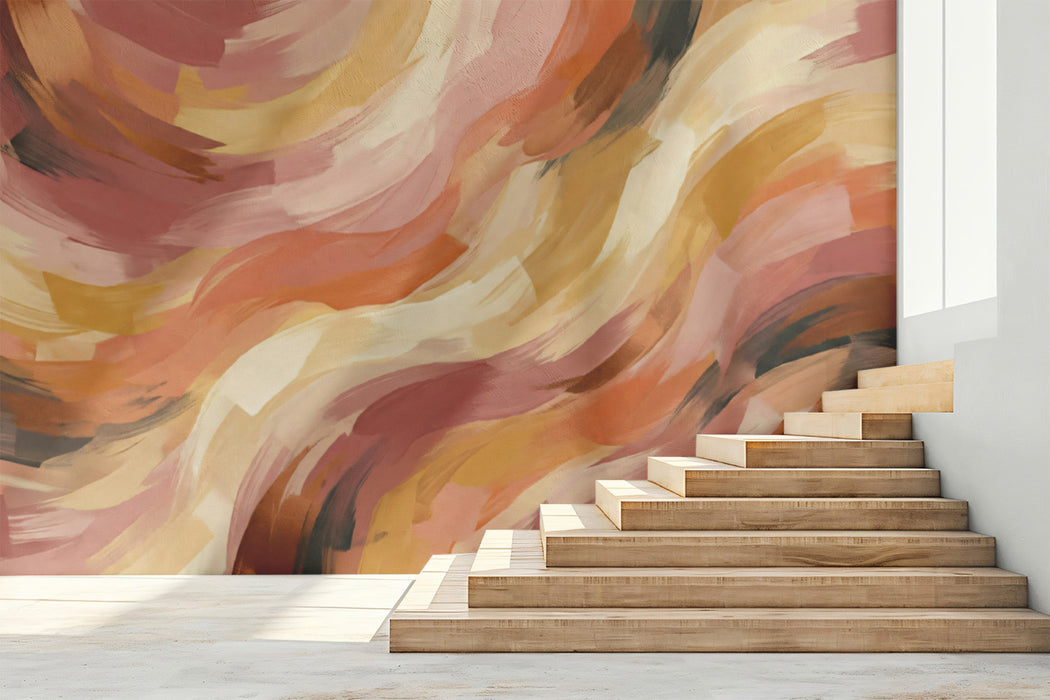 Warm Terracotta Abstract Brushstroke Wallpaper, Artisan Fluid Paint Wall Mural, Luxury Earthy Tone Decor for bedroom