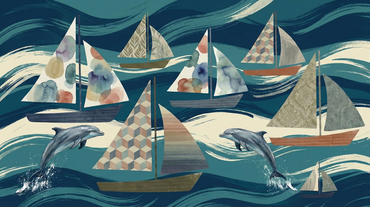 Deep Teal Sailboat Wallpaper, Dolphin Ocean Pattern Wall Mural, Nautical Adventure Bathroom Decor