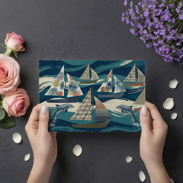 Deep Teal Sailboat Wallpaper, Dolphin Ocean Pattern Wall Mural, Nautical Adventure Bathroom Decor