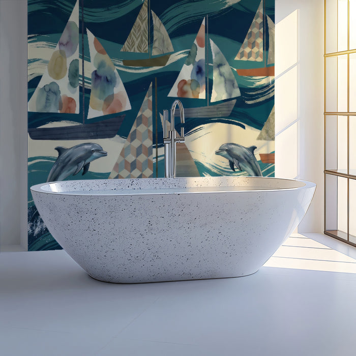 Deep Teal Sailboat Wallpaper, Dolphin Ocean Pattern Wall Mural, Nautical Adventure Bathroom Decor