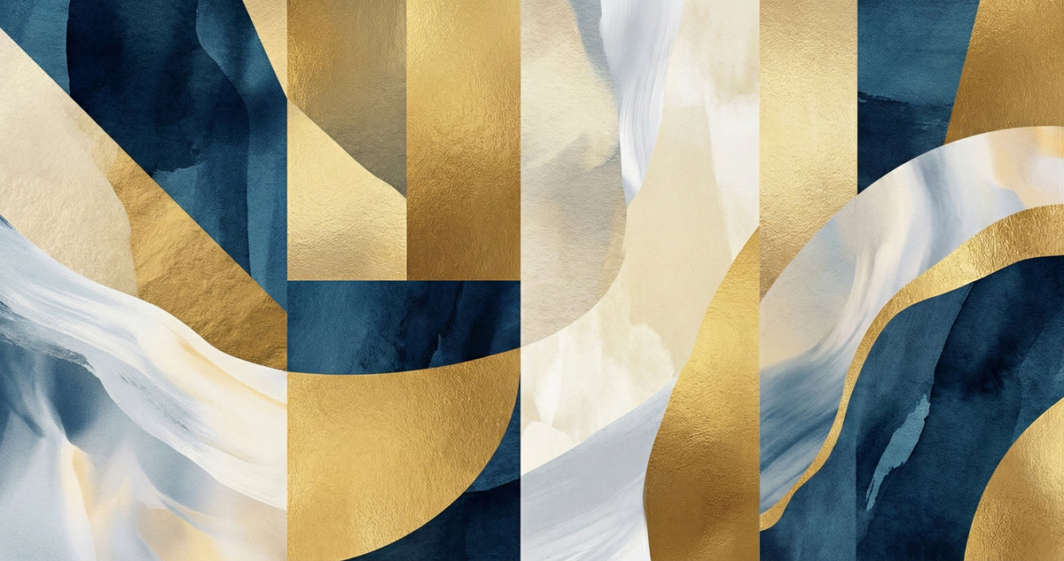 Navy and Gold Abstract Wallpaper, Modern Geometric Wall Mural, Luxury Blue Brushstroke Decor for cafe shop