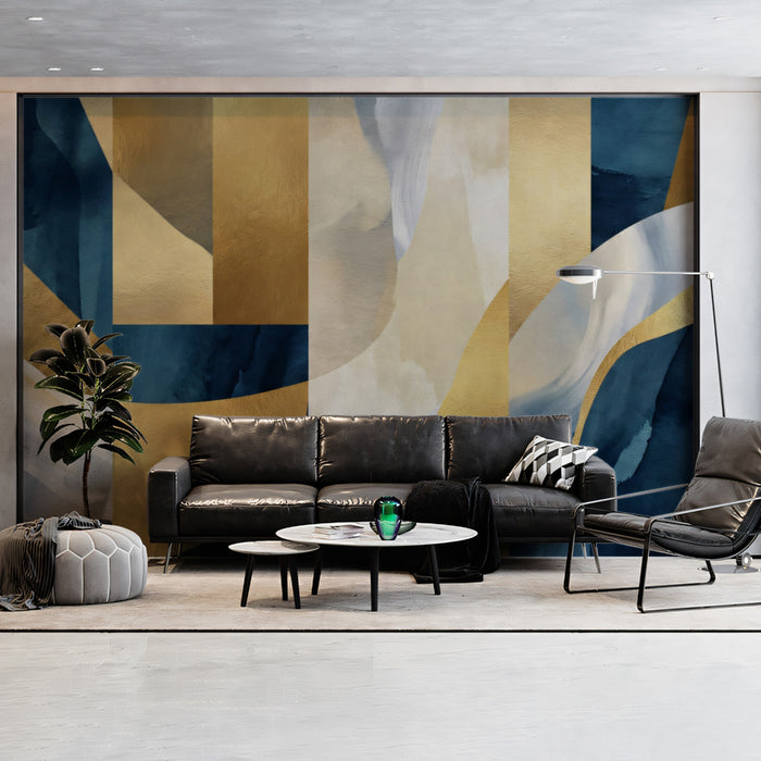 Navy and Gold Abstract Wallpaper, Modern Geometric Wall Mural, Luxury Blue Brushstroke Decor for cafe shop